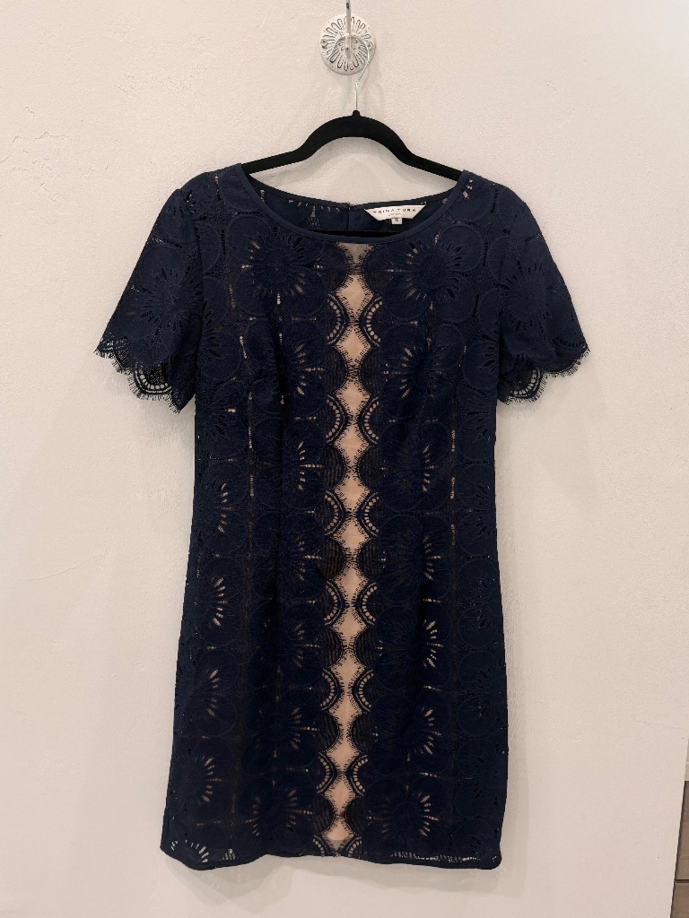 Trina Turk Navy and Gold Lace Sheath Dress